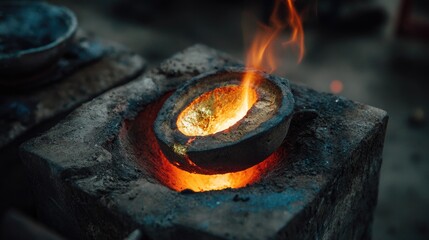 Gold melting crucible on burner with glowing metal ready for pouring into mold