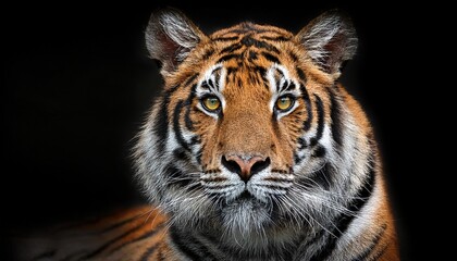 Fototapeta premium majestic tiger staring directly at the viewer exhibiting its striking orange and black striped fur against a dark background in a close up perspective