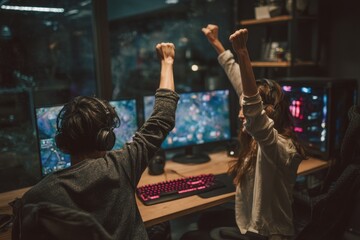 An Asian male gamer and a Caucasian female coach celebrate their esports victory at the gaming table