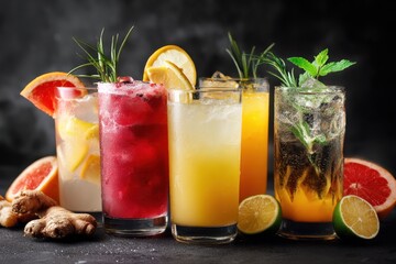 Fototapeta premium Five unique summer beverages featuring ginger grapefruit mango pineapple and tarragon against a textured black backdrop Refreshing drinks on a dark surface Space for text