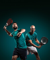 Two professional padel players with rackets on green background. Open social tournament template.
