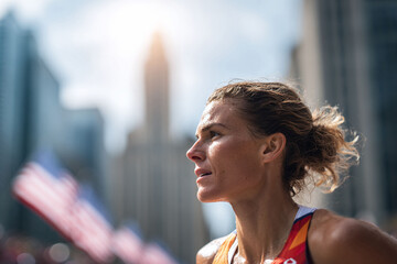 Determined athlete, sweat glistening, looks ahead. City backdrop symbolizes ambition, strength, and perseverance. Perfect for sports, health, or motivational content.