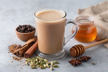 Top down view of masala tea in a glass cup alongside cooking ingredients cinnamon cardamom anise honey cloves and dried tea on a light backdrop Space for text