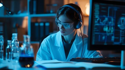 Woman in lab coat and safety glasses working at computer with scientific data