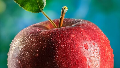 closeup of a juicy red apple with refreshing water droplets symbol of freshness