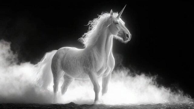 Majestic white unicorn standing in mist with a black background, fantasy concept