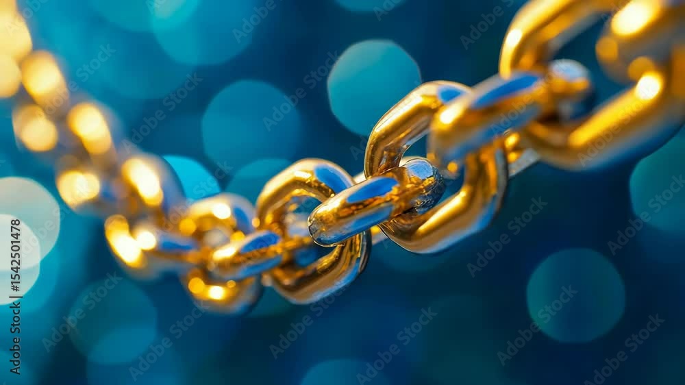 Poster close-up of a golden chain link on a blue bokeh background, symbolizing strength