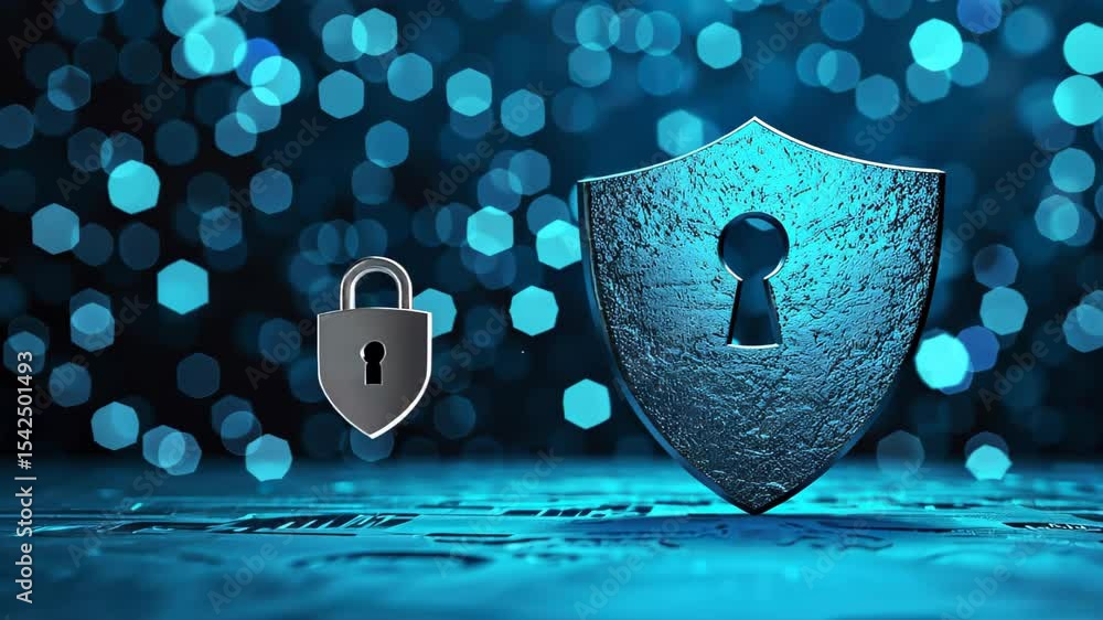 Poster secure shield of protection: a captivating graphic showcases a lock and shield, set against a digita