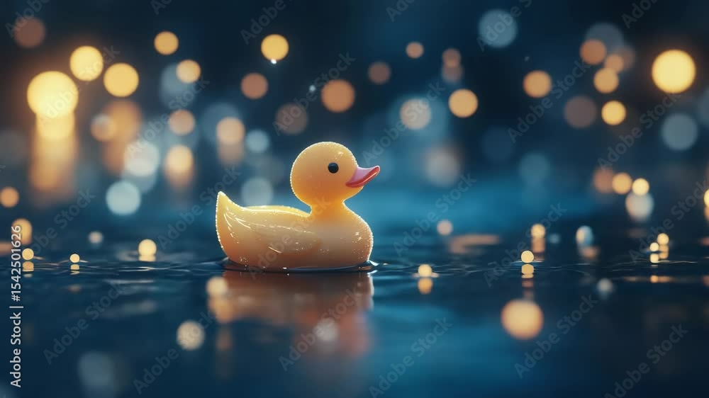 Poster yellow rubber duck floating on water with bokeh lights, toy concept art