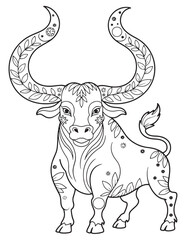 Taurus Zodiac Bull with Horns and Stars Line Art Outline Drawing