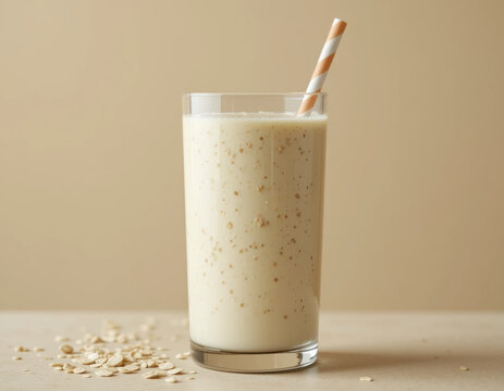 Licuado de avena en un vaso de cristal. 