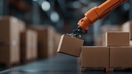An advanced orange robotic arm picks up a cardboard box in a modern warehouse, illustrating the integration of automation and technology in logistics and shipping.