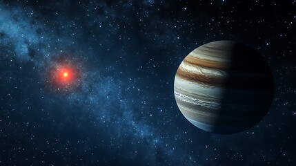 A serene planet floating in deep space, its surface reflecting a nearby red dwarf star.