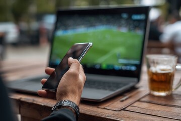 Zoomed in image of a man s hand with a smartphone He s streaming a soccer match on his laptop and placing bets on his preferred team via an app