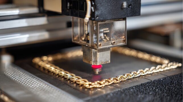 Laser marking machine inscribing serial numbers on gold necklace clasps