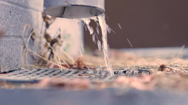 Plastic drain pipe with water coming out after storm 4k
