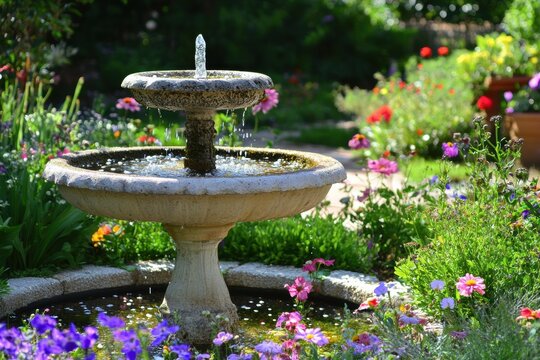 Blooming garden with elegant water fountain - Powered by Adobe