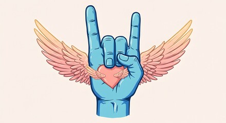 Obraz premium Stylized Rock Hand Symbol with Winged Hearts – Light Background Illustration Merging Rebellion, Passion, and Freedom in a Unique Celebration of Rock Culture