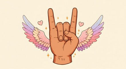 Obraz premium Stylized Rock Hand Symbol with Winged Hearts – Light Background Illustration Merging Rebellion, Passion, and Freedom in a Unique Celebration of Rock Culture