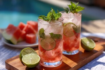 Cool watermelon mojito with mint and lime for summer poolside enjoyment and effortless entertaining