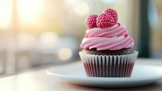 Chocolate cupcake with pink frosting and raspberries on a white plate