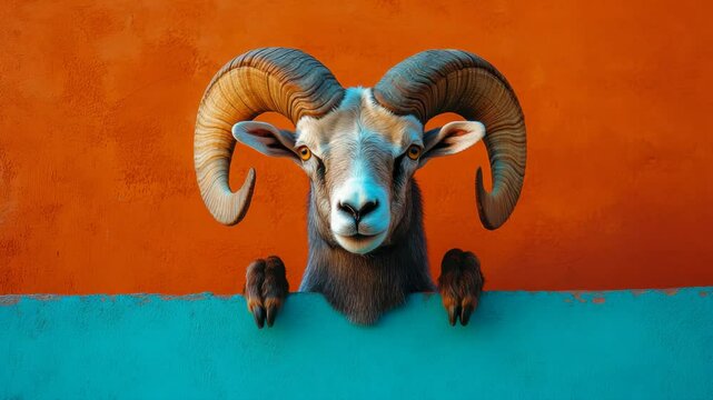 Ram with large horns peeking over a turquoise wall against an orange background