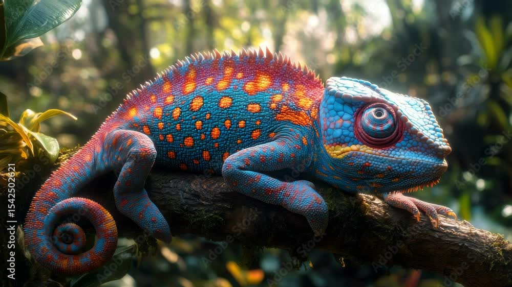 Poster Colorful chameleon with vibrant scales on tree branch in rainforest, 3d animation
