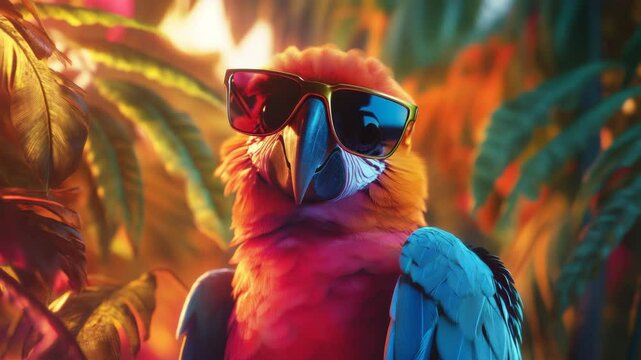 A colorful parrot wearing sunglasses in a vibrant jungle setting, digital art