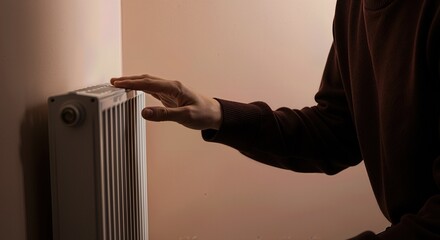 Person warming hands near white radiator brown sweater. Winter heating comfort warmth concept. Energy bills utilities home temperature control