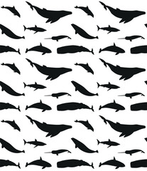 Vector seamless pattern of flat hand drawn whales silhouette isolated on white background