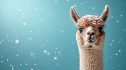 Obraz premium A cute alpaca stands amidst gently falling snowflakes, showcasing its fluffy coat and charming expression, capturing the essence of playful winter joy in a serene atmosphere.