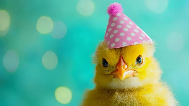 Yellow chick wearing a pink polka dot party hat on a turquoise background