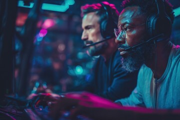Obraz premium African gamer practices online gaming with a coach in a neon lit dark setting