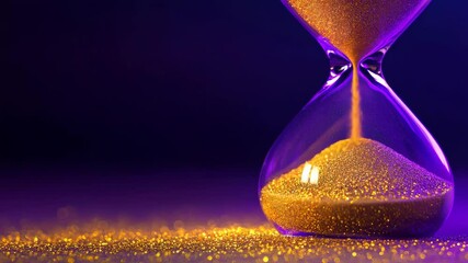 Sand flowing in glass hourglass with golden grains on dark purple backdrop - Powered by Adobe
