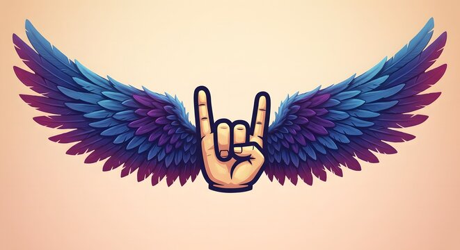 Stylized Rock Hand Symbol with Wings – Artistic Illustration on Light Background Representing Freedom, Energy, and the Spirit of Rock Music and Rebellion