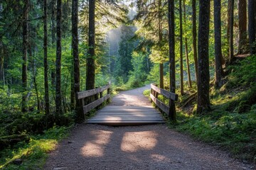 Light filtering through forest on walking trail
