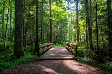 Obraz premium Wooden path crossing forest creek