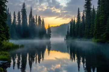 Printed kitchen splashbacks Misty lake in forest with sunrise sky