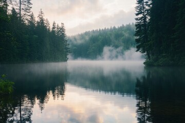Fototapeta premium Calm lake at sunrise with orange sky