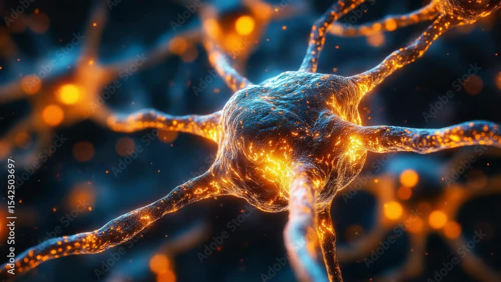 Poster close-up of a glowing neuron cell with electric impulses in dark background
