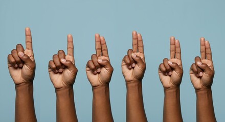 African American Hands Sign Language Gestures Blue Background Communication. Deaf Hearing Impaired Education Accessibility InClusion. Sign Language Concept
