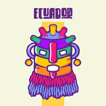Colorful illustration of Diablo Huma or Aya Uma, Andean figure from Inti Raymi, with &ldquo;Ecuador&rdquo; text.