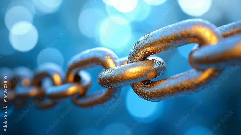 Poster close-up of metallic chain links with blue bokeh background, technology concept
