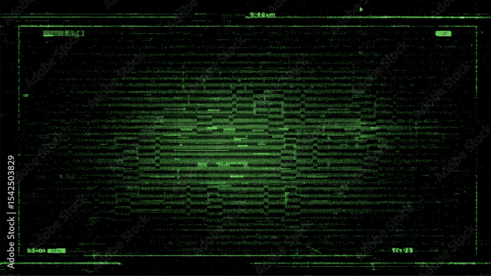 Poster Animated green hud background glitch vector for digital data display. Abstract futuristic virtual interface with error noise.