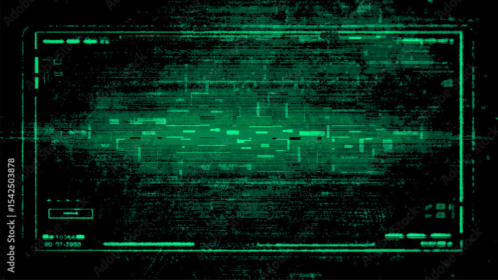 Aufkleber Green head up display with digital data glitching on screen. Futuristic matrix error for cyber security or hacking concept.