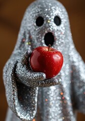 Silver glitter ghost holding red apple dark background halloween character. Sparkly supernatural spirit offering forbidden fruit. Spooky festive concept