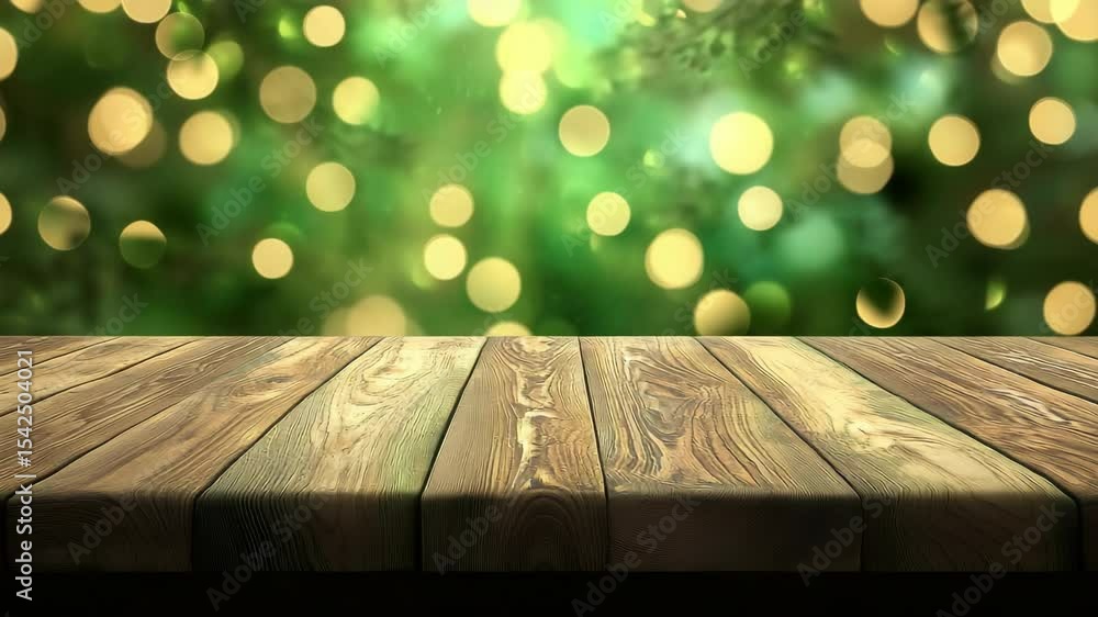 Poster Wooden table with blurred green lights and bokeh effect in a forest setting