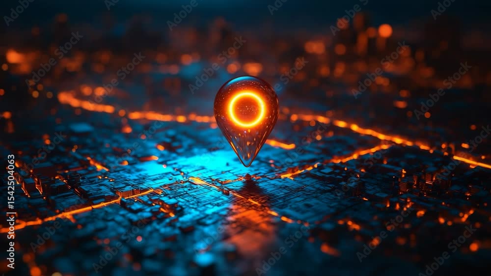 Poster glowing map pin hovering over illuminated digital cityscape at night, 3d illustration