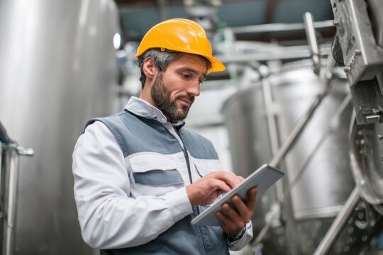 An engineer checks milk quality at a dairy factory using a tablet - Powered by Adobe