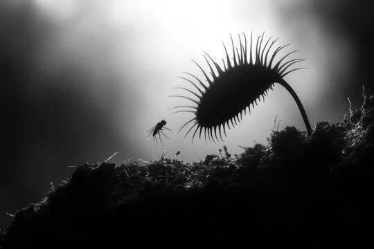 A silhouetted fly approaches a Venus flytrap in a monochromatic shot, highlighting the predatory nature of the carnivorous plant.